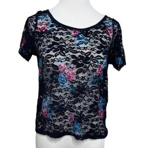 Garage Womens Size Medium Y2K Blue Floral Sheer Lace Baby Tee Back Buttons Shirt